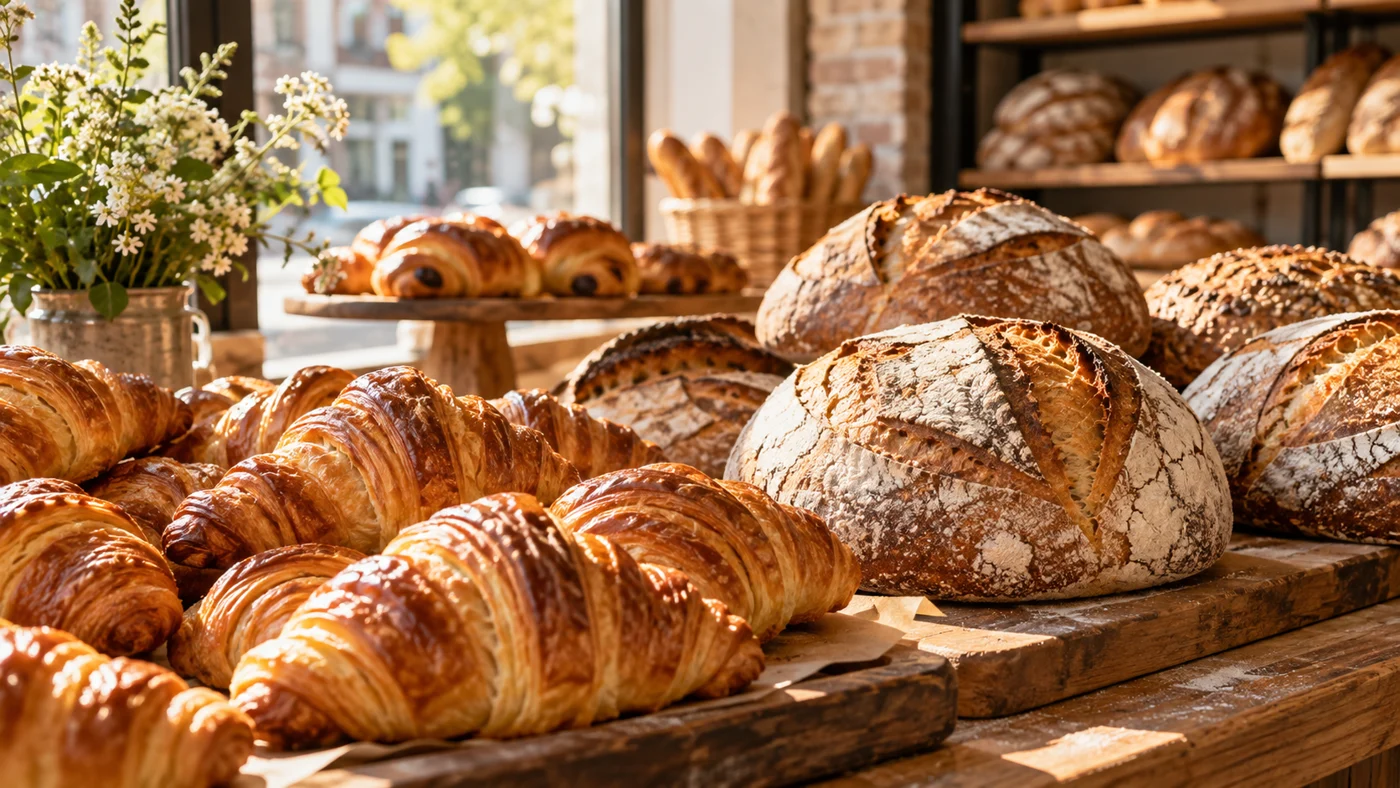 Croissants and sourdough on a bakery counter
