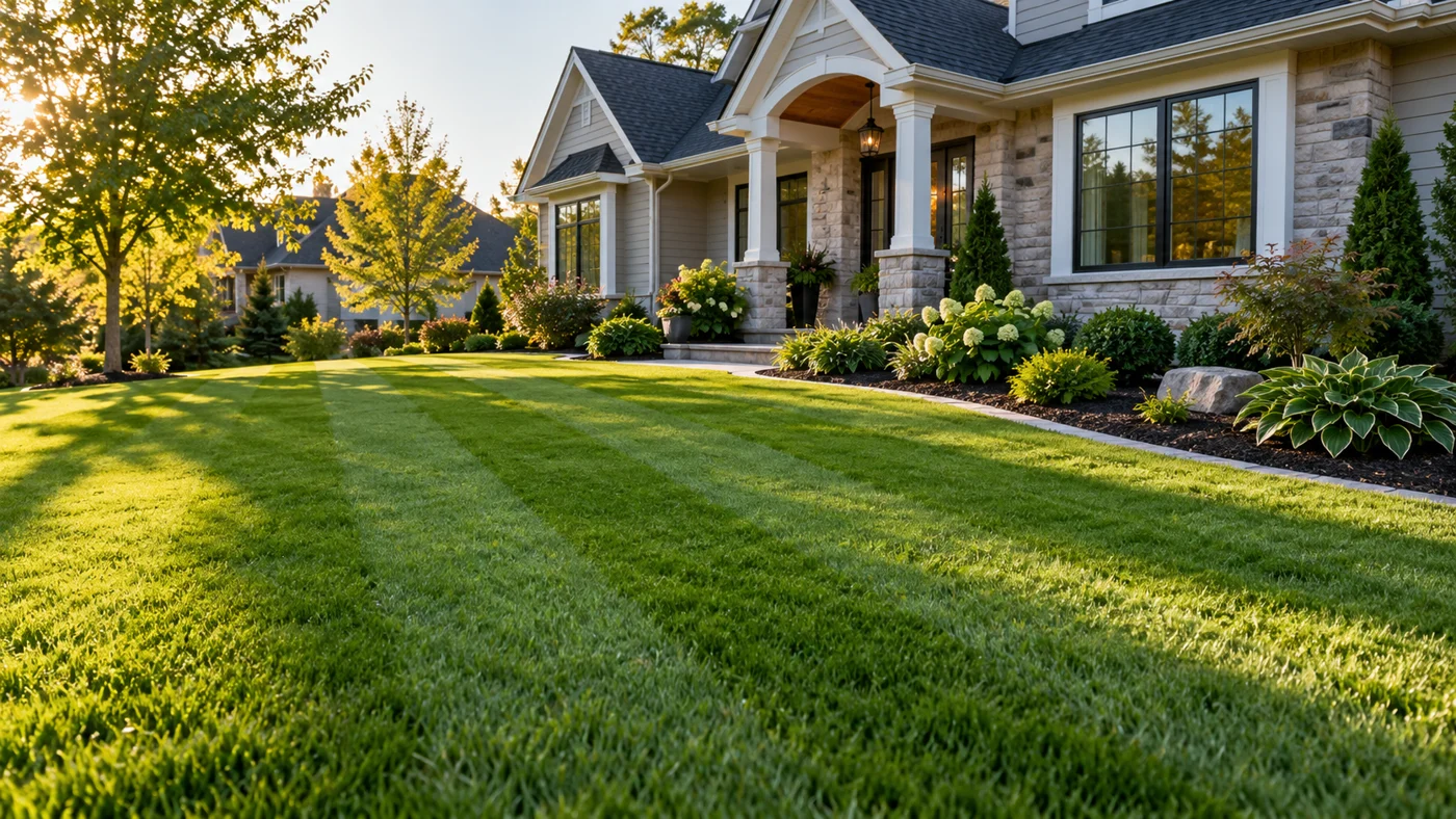 Freshly mowed lawn beside a home