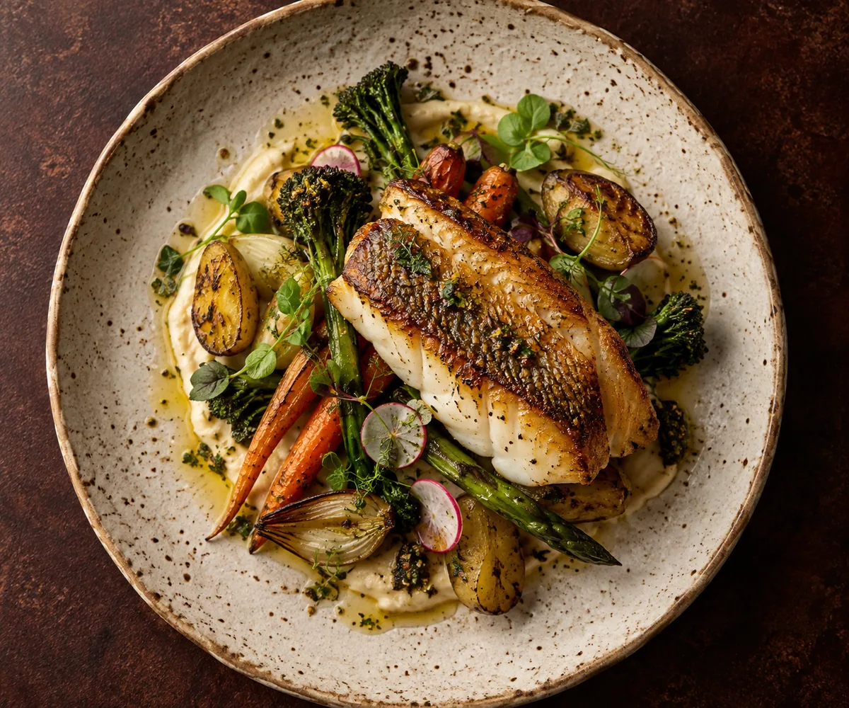 Seasonal vegetables and roasted fish on a rustic ceramic plate