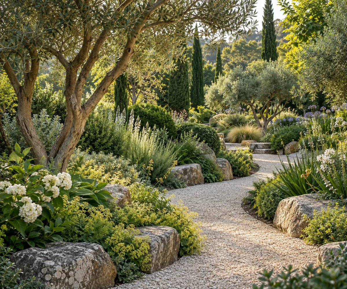 A winding garden path among olive trees and layered planting